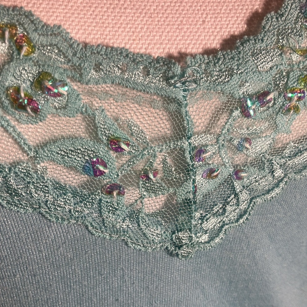🩵🤍Vol.1 Lt Aqua Blue Stretchy Cotton Spandex Long Tank W/Lace & Sequins Sz XL - Picture 6 of 7